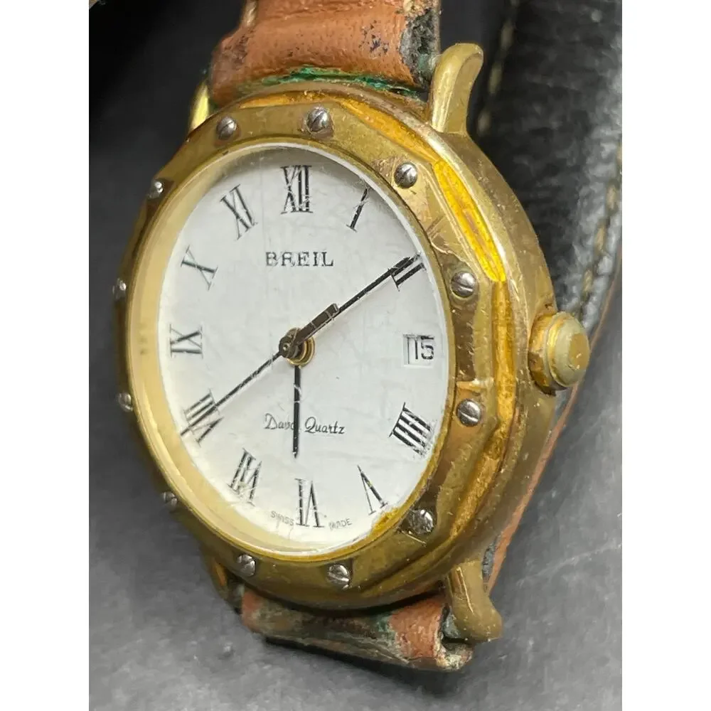 Vintage BREIL Davos Quartz Gold Tone Date Womne's Watch Brown Leather Band 28mm
